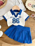 SHEIN Ensemble 2 pièces polo bleu et blanc et jupe plissée pour bébé fille Bleu