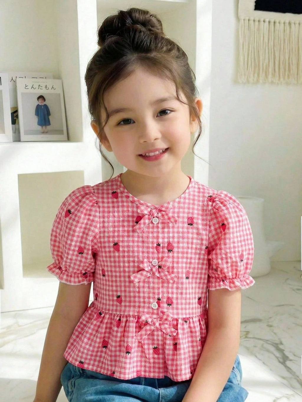 Girls' Pink Puff Sleeve Blouse with Bow Detail