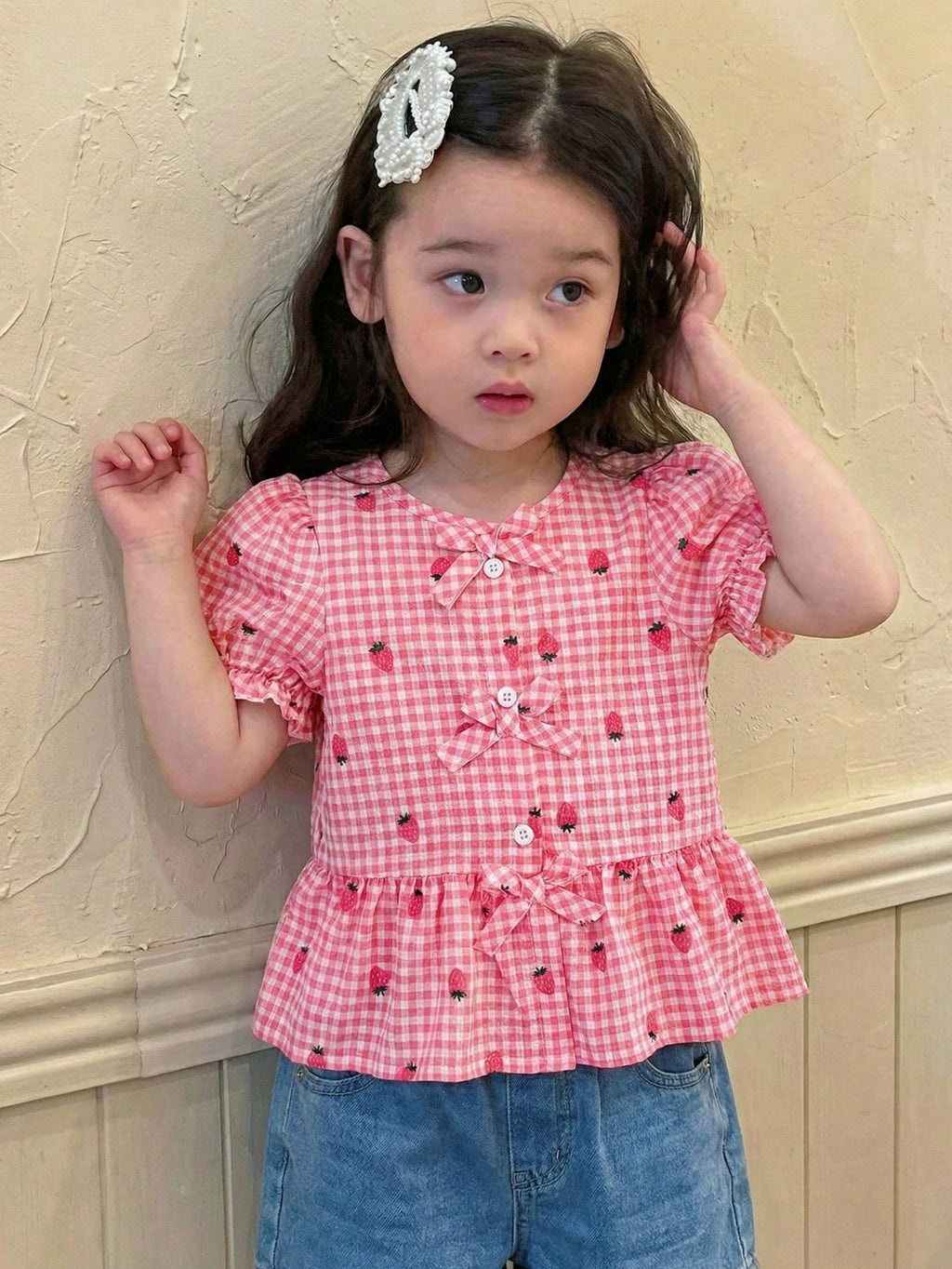 Girls' Pink Puff Sleeve Blouse with Bow Detail