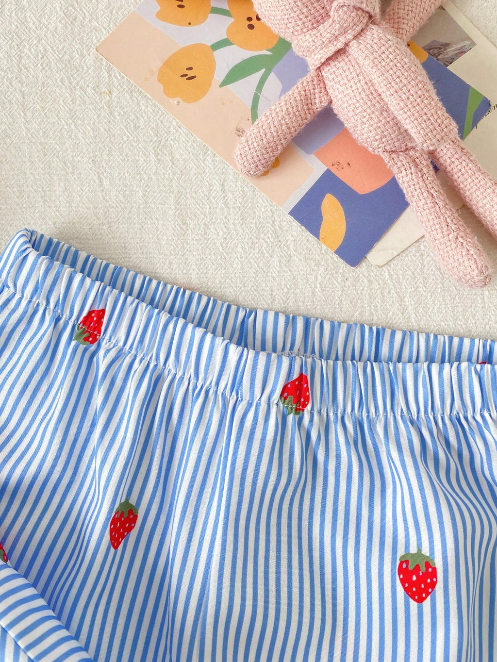 Ensemble rayé haut et pantalon bébé fille motif cerises Cozy Pixies bleu