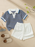 Ensemble pour petit garçon Souflis avec col en V et revers, rayures abricot, bleues et blanches
