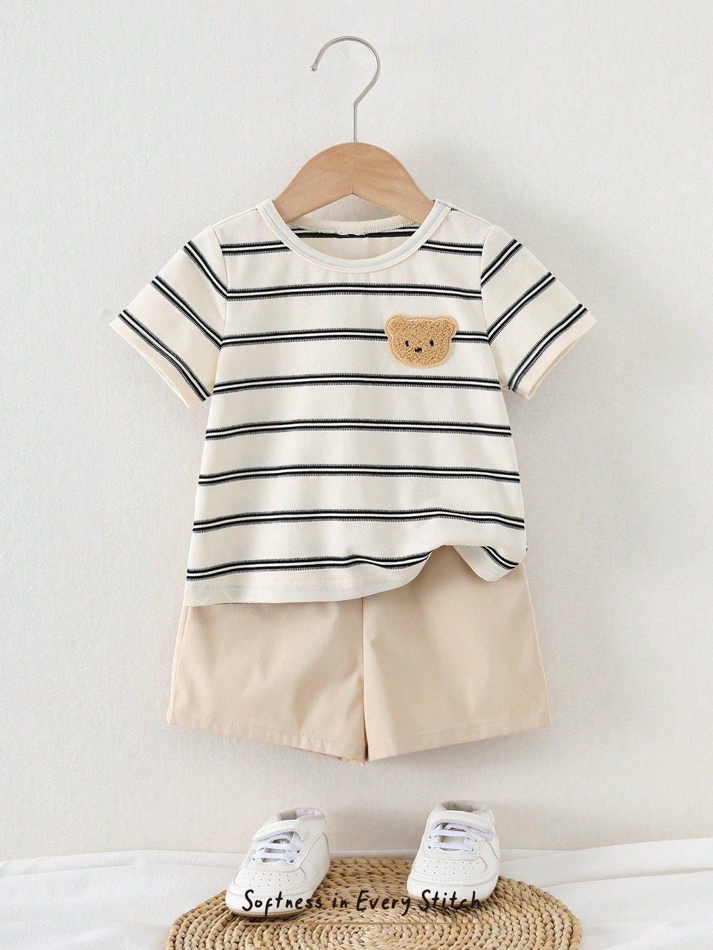 Cozy Pixies Baby Boy Cartoon Bear & Stripes Pattern Crew Neck Short Sleeve Pullover Top & Elastic Waist Shorts 5-Piece Set Multicolor