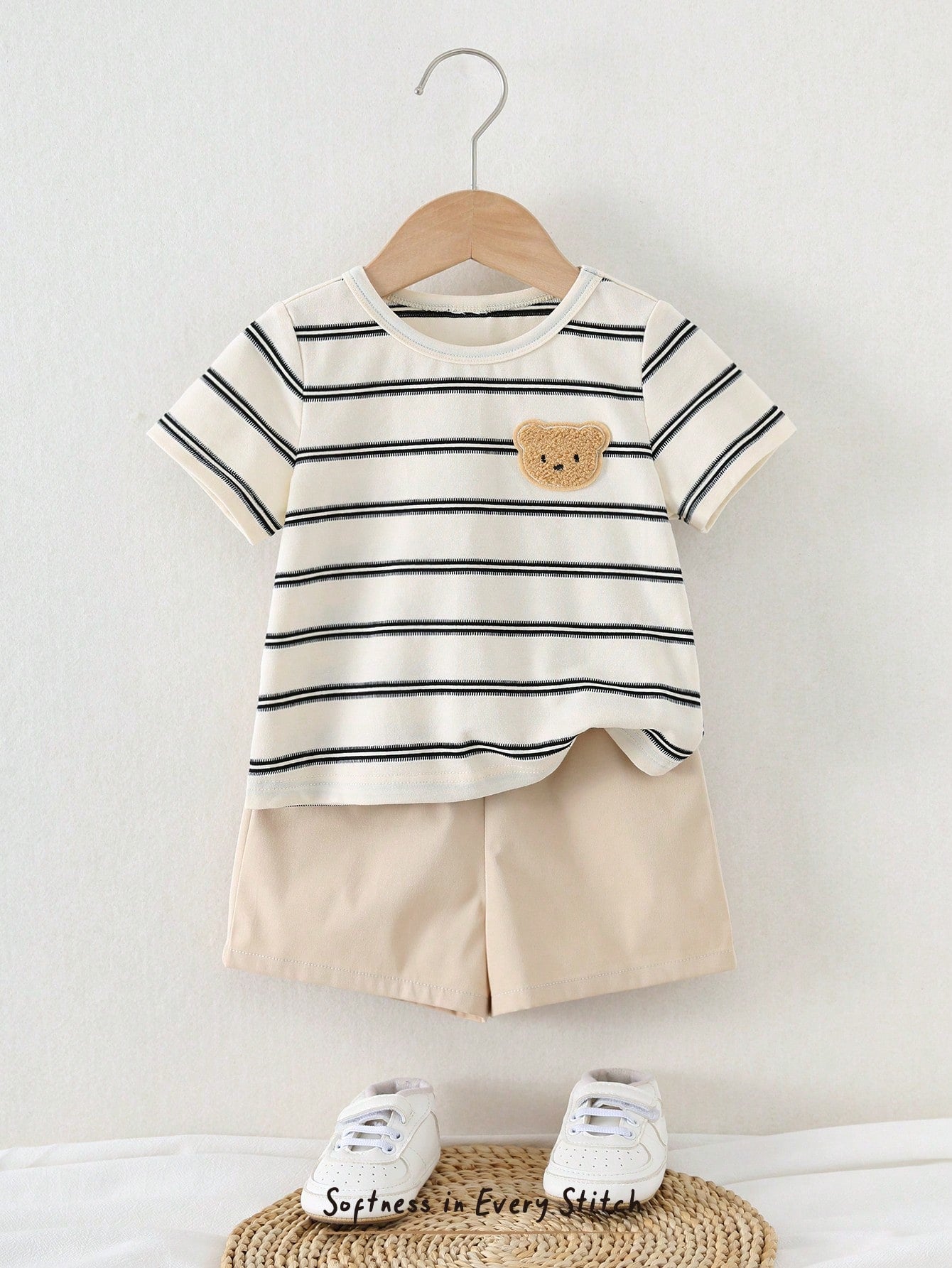 Cozy Pixies Baby Boy Cartoon Bear & Stripes Pattern Crew Neck Short Sleeve Pullover Top & Elastic Waist Shorts 5-Piece Set Multicolor