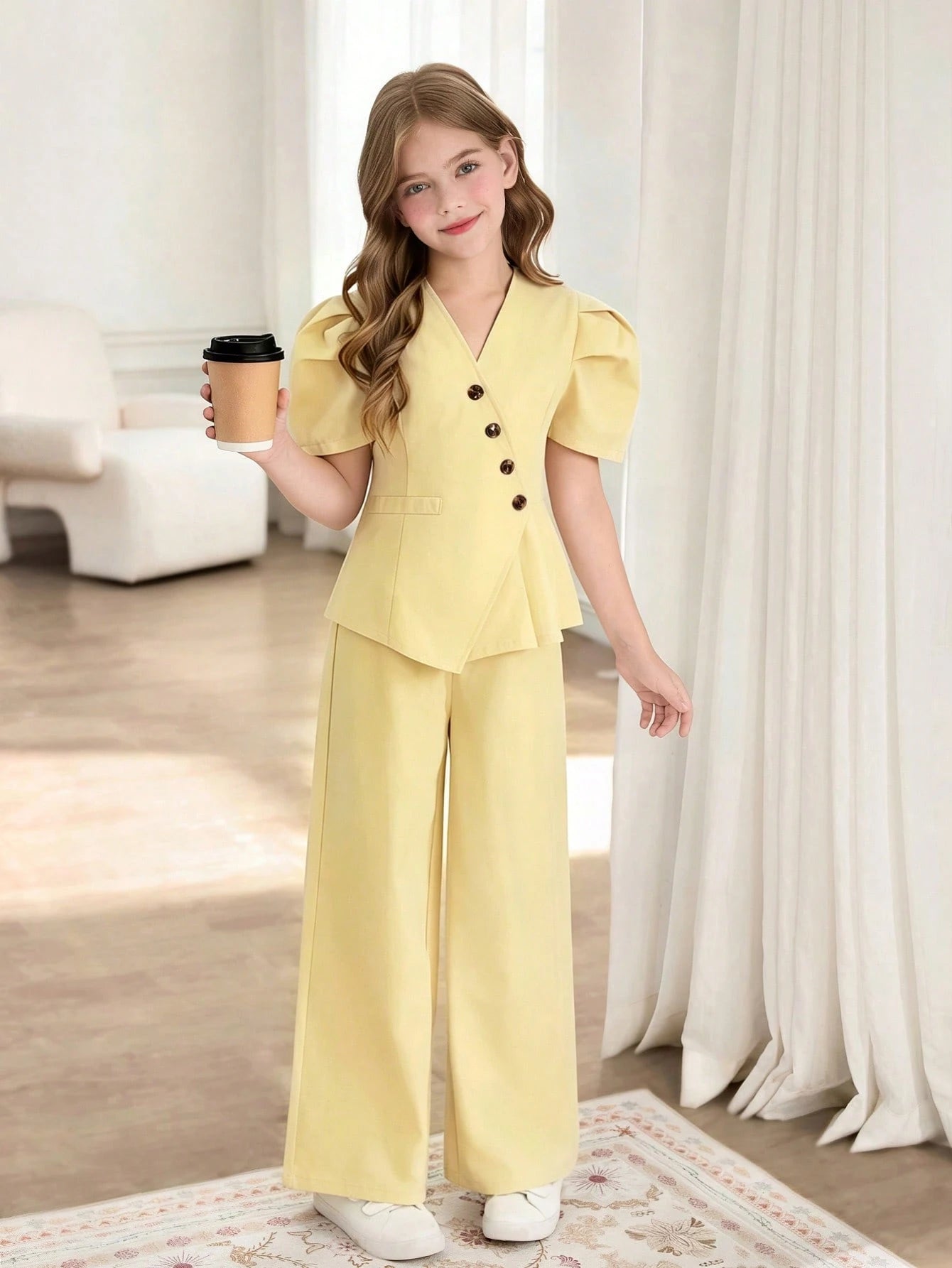 SHEIN Tween Girls 2pcs/Set Puff Sleeve Top With Oblique Button Pleated Hem And Straight Leg Wide Pants Suit, Summer, Casual, Outfit Yellow