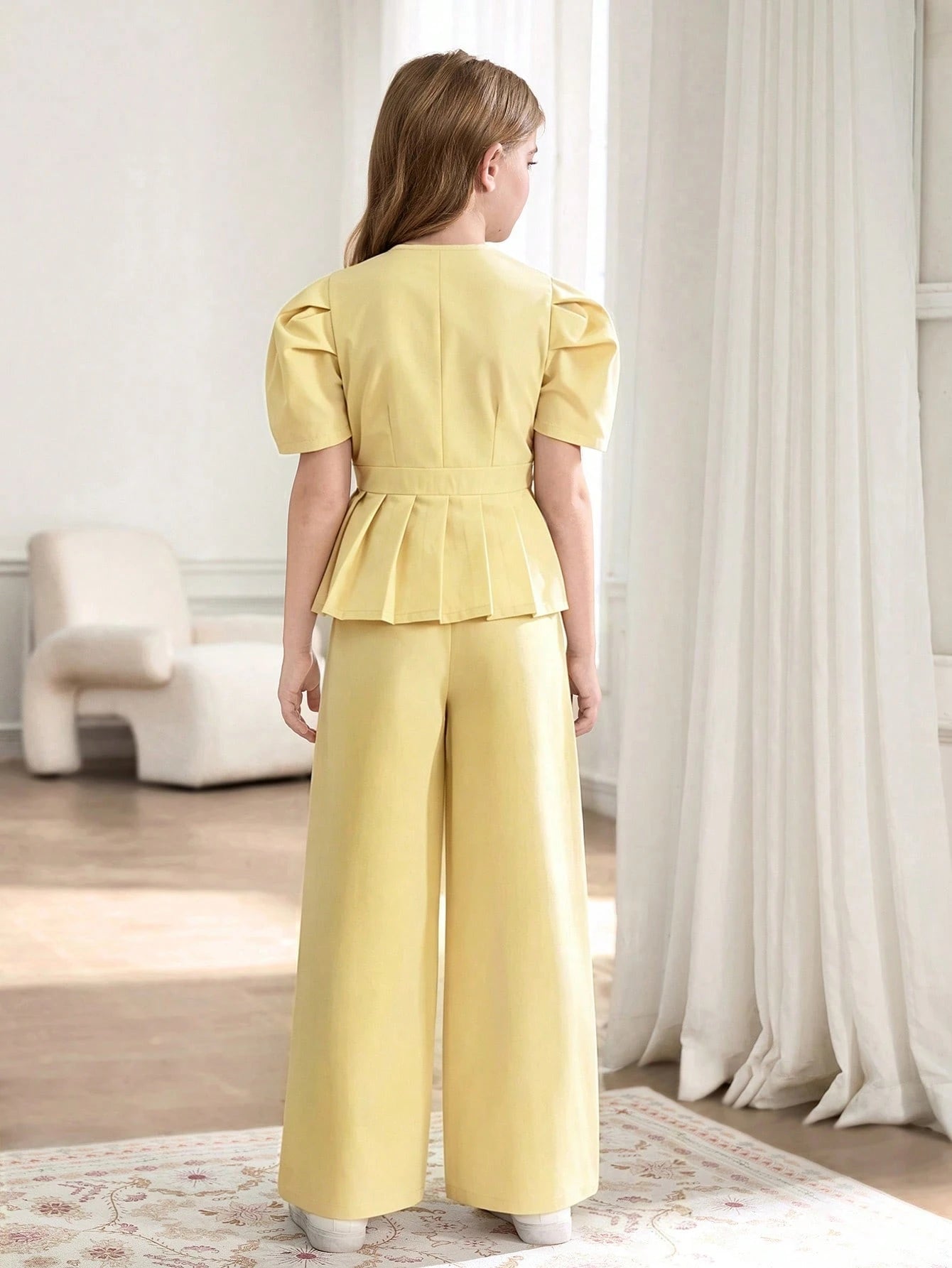 SHEIN Tween Girls 2pcs/Set Puff Sleeve Top With Oblique Button Pleated Hem And Straight Leg Wide Pants Suit, Summer, Casual, Outfit Yellow