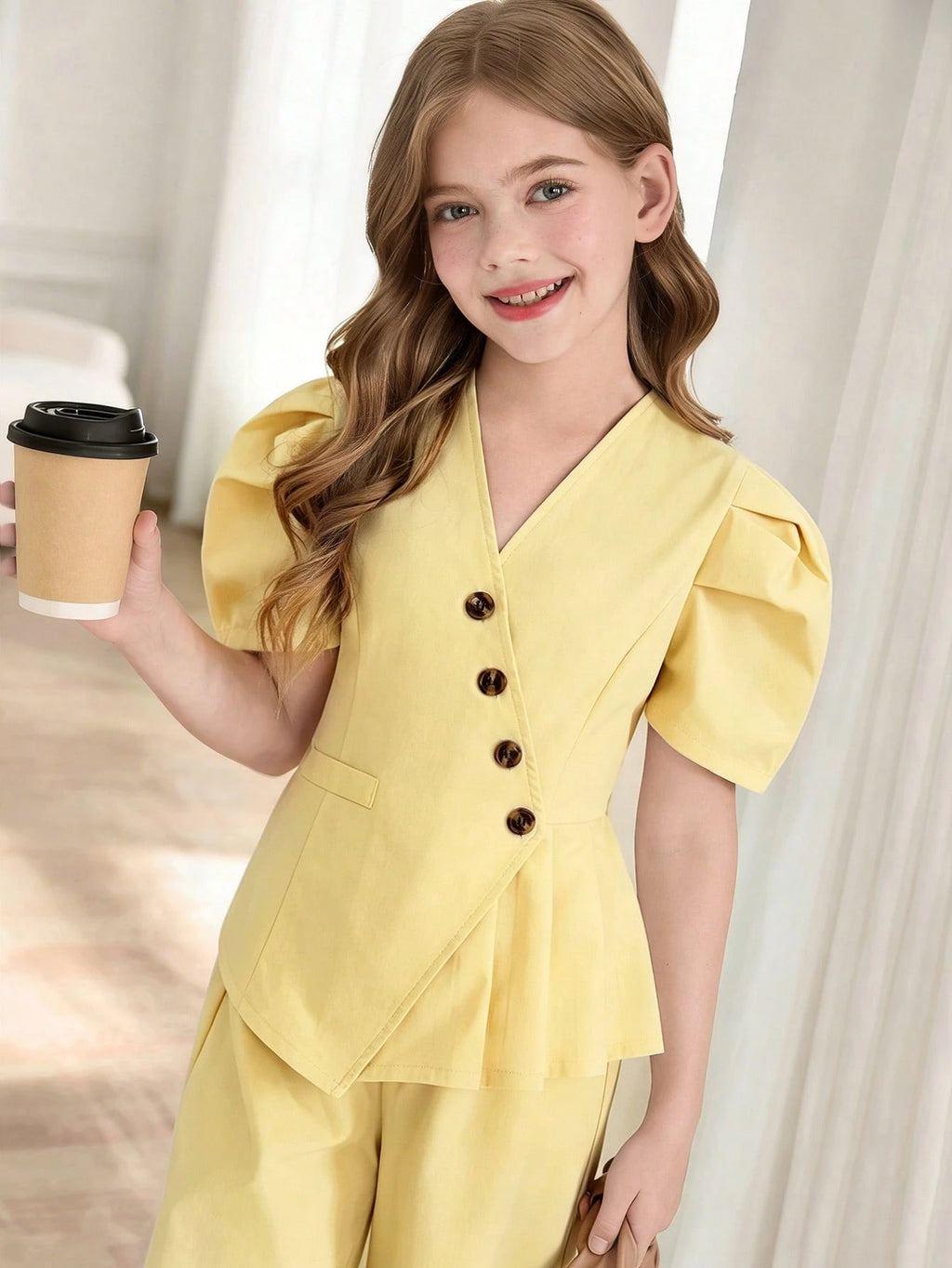 SHEIN Tween Girls 2pcs/Set Puff Sleeve Top With Oblique Button Pleated Hem And Straight Leg Wide Pants Suit, Summer, Casual, Outfit Yellow