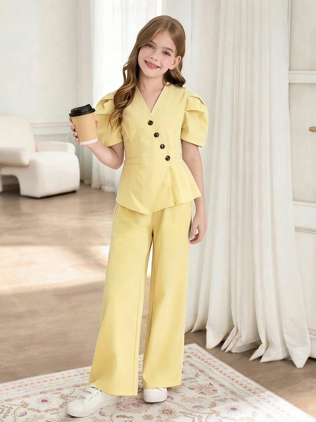 SHEIN Tween Girls 2pcs/Set Puff Sleeve Top With Oblique Button Pleated Hem And Straight Leg Wide Pants Suit, Summer, Casual, Outfit Yellow