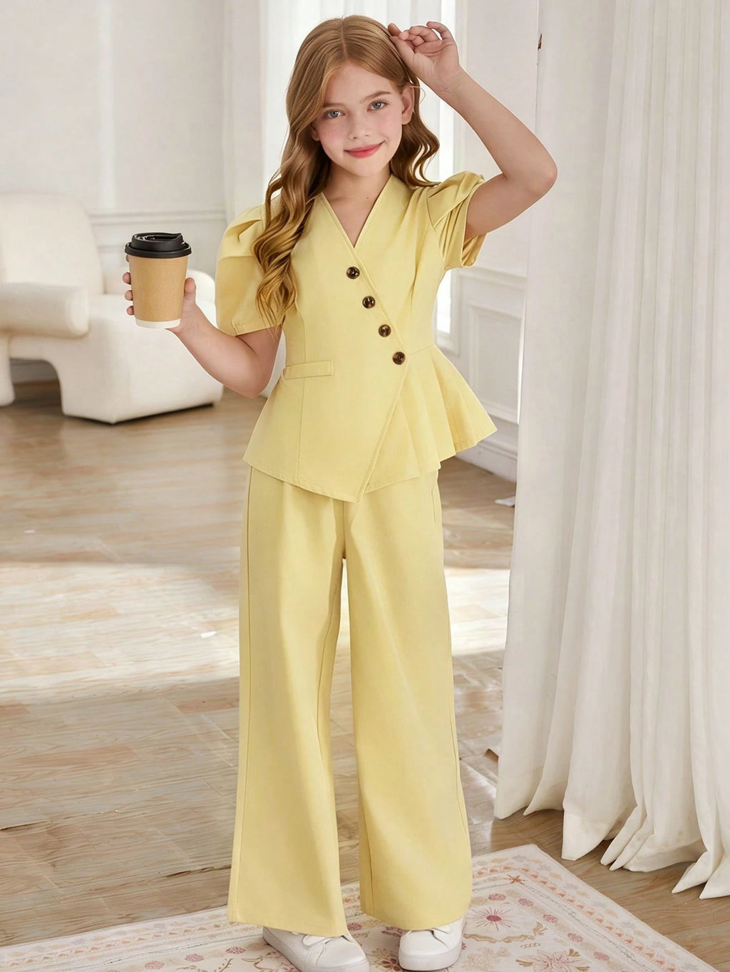 SHEIN Tween Girls 2pcs/Set Puff Sleeve Top With Oblique Button Pleated Hem And Straight Leg Wide Pants Suit, Summer, Casual, Outfit Yellow