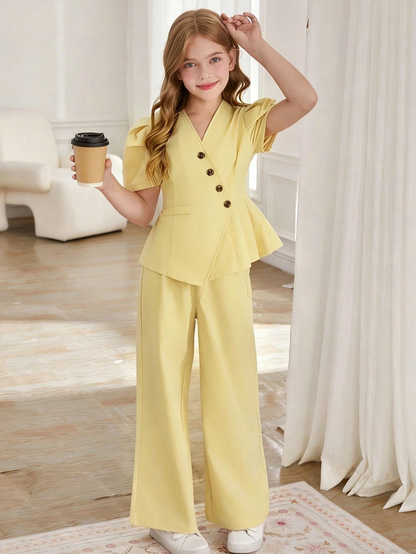 SHEIN Tween Girls 2pcs/Set Puff Sleeve Top With Oblique Button Pleated Hem And Straight Leg Wide Pants Suit, Summer, Casual, Outfit Yellow