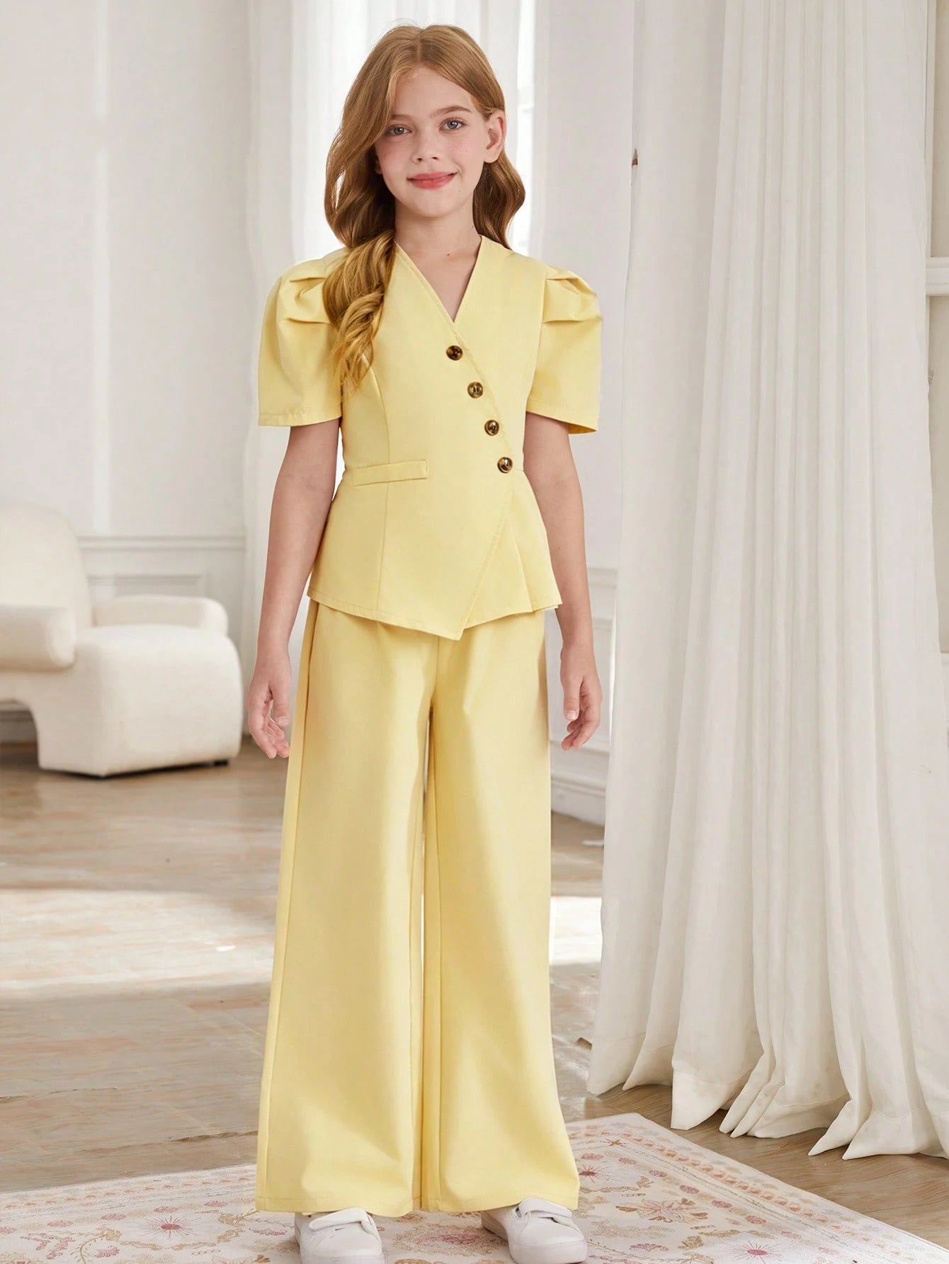 SHEIN Tween Girls 2pcs/Set Puff Sleeve Top With Oblique Button Pleated Hem And Straight Leg Wide Pants Suit, Summer, Casual, Outfit Yellow