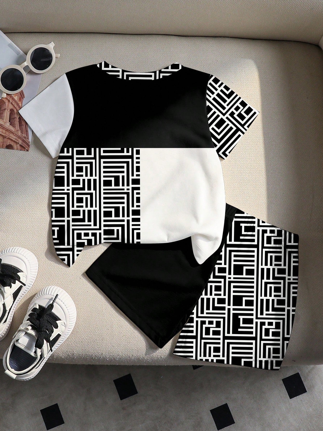 Souflis Plaid Patchwork T-Shirt & Shorts 2 Pieces Set