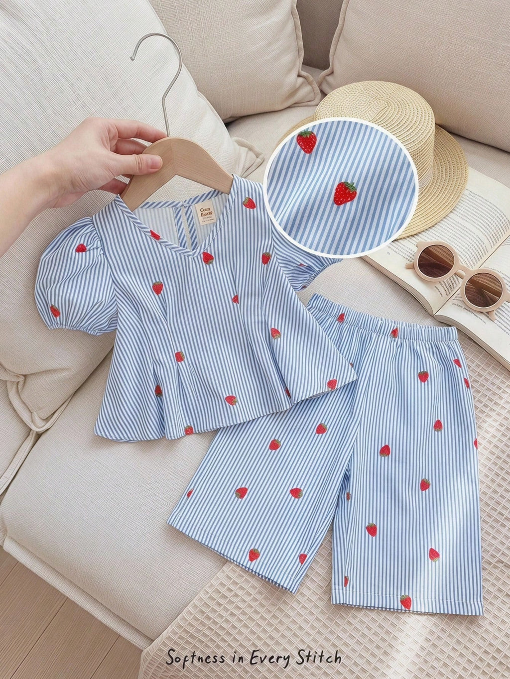 Ensemble rayé haut et pantalon bébé fille motif cerises Cozy Pixies bleu