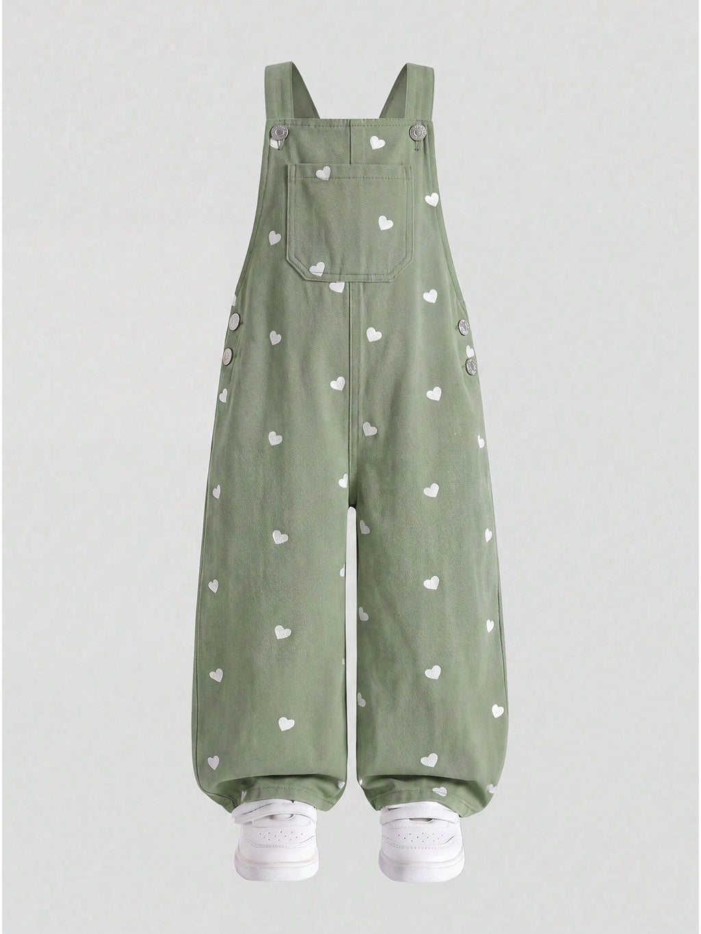 Young Girl Heart Print Cotton Bib Overalls Mint Green