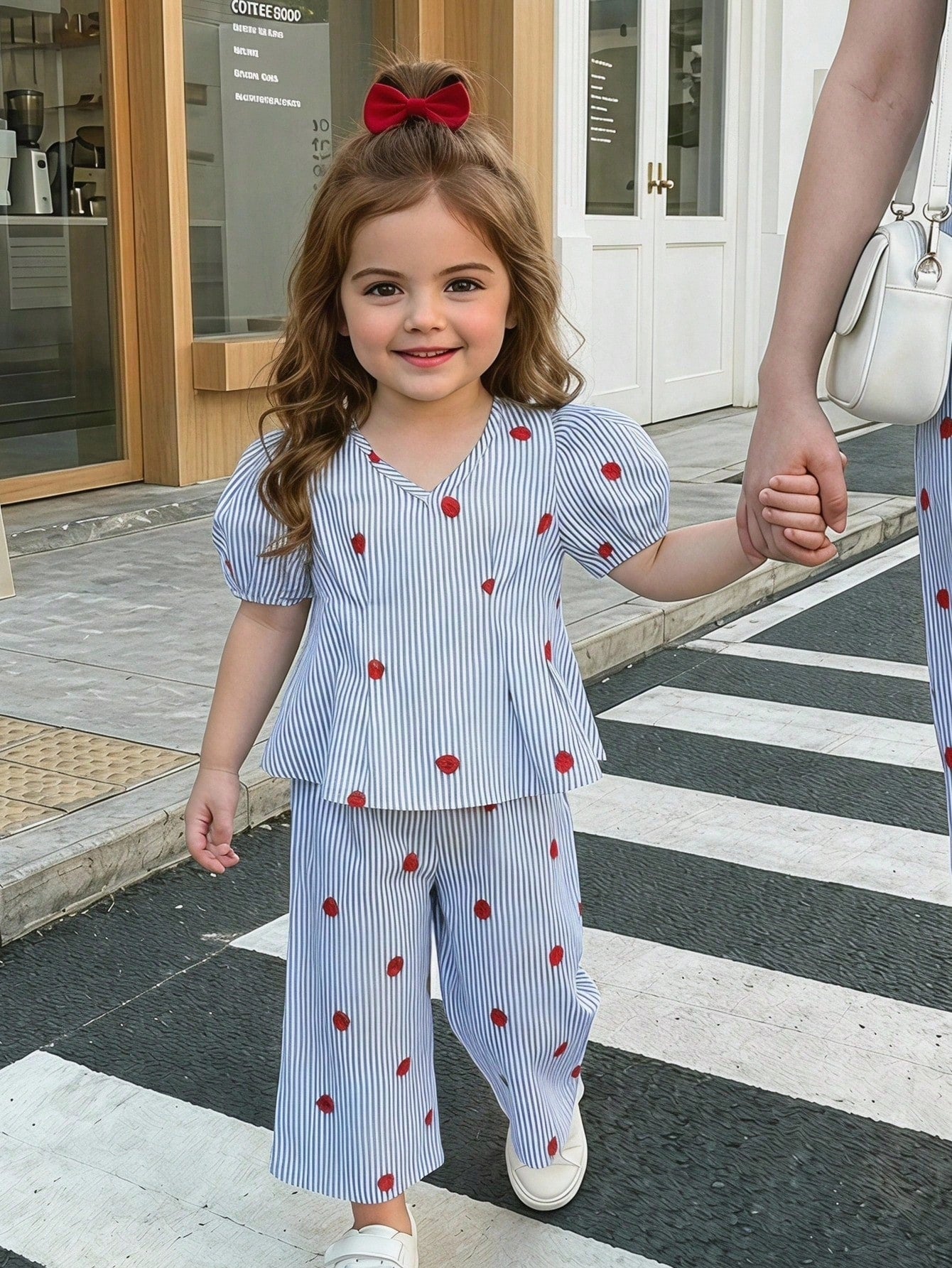 Ensemble rayé haut et pantalon bébé fille motif cerises Cozy Pixies bleu