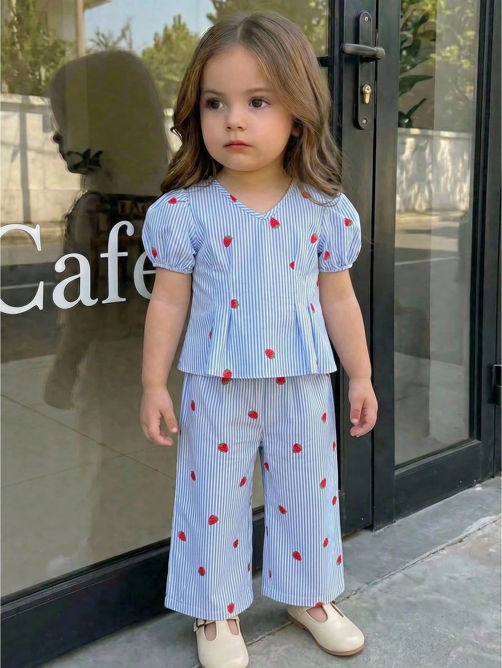 Ensemble rayé haut et pantalon bébé fille motif cerises Cozy Pixies bleu
