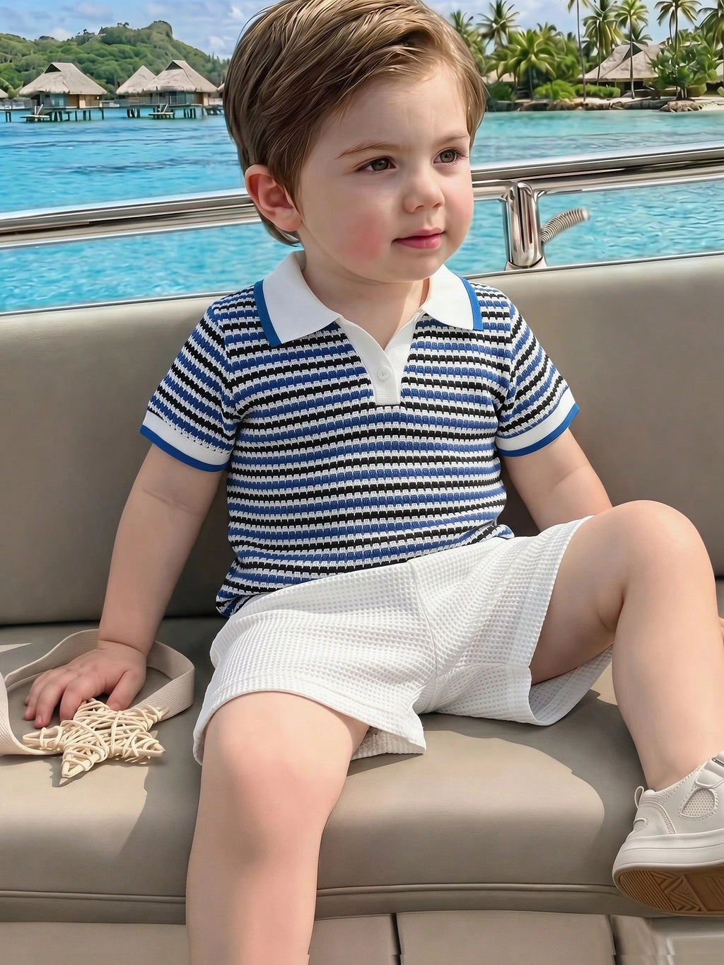 Ensemble pour petit garçon Souflis avec col en V et revers, rayures abricot, bleues et blanches