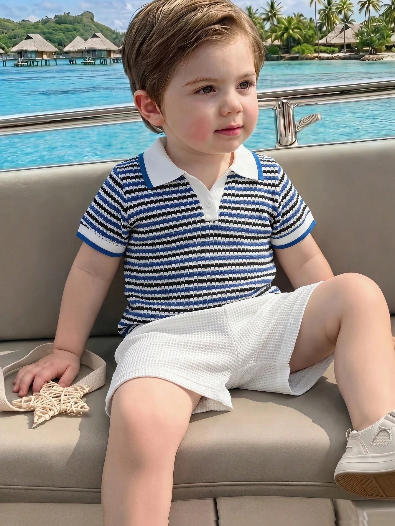 Ensemble pour petit garçon Souflis avec col en V et revers, rayures abricot, bleues et blanches