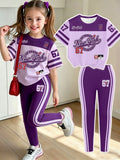 2pcs/Set Girls' Casual Graphic Print Short T-Shirt And Leggings, Purple Back-To-School