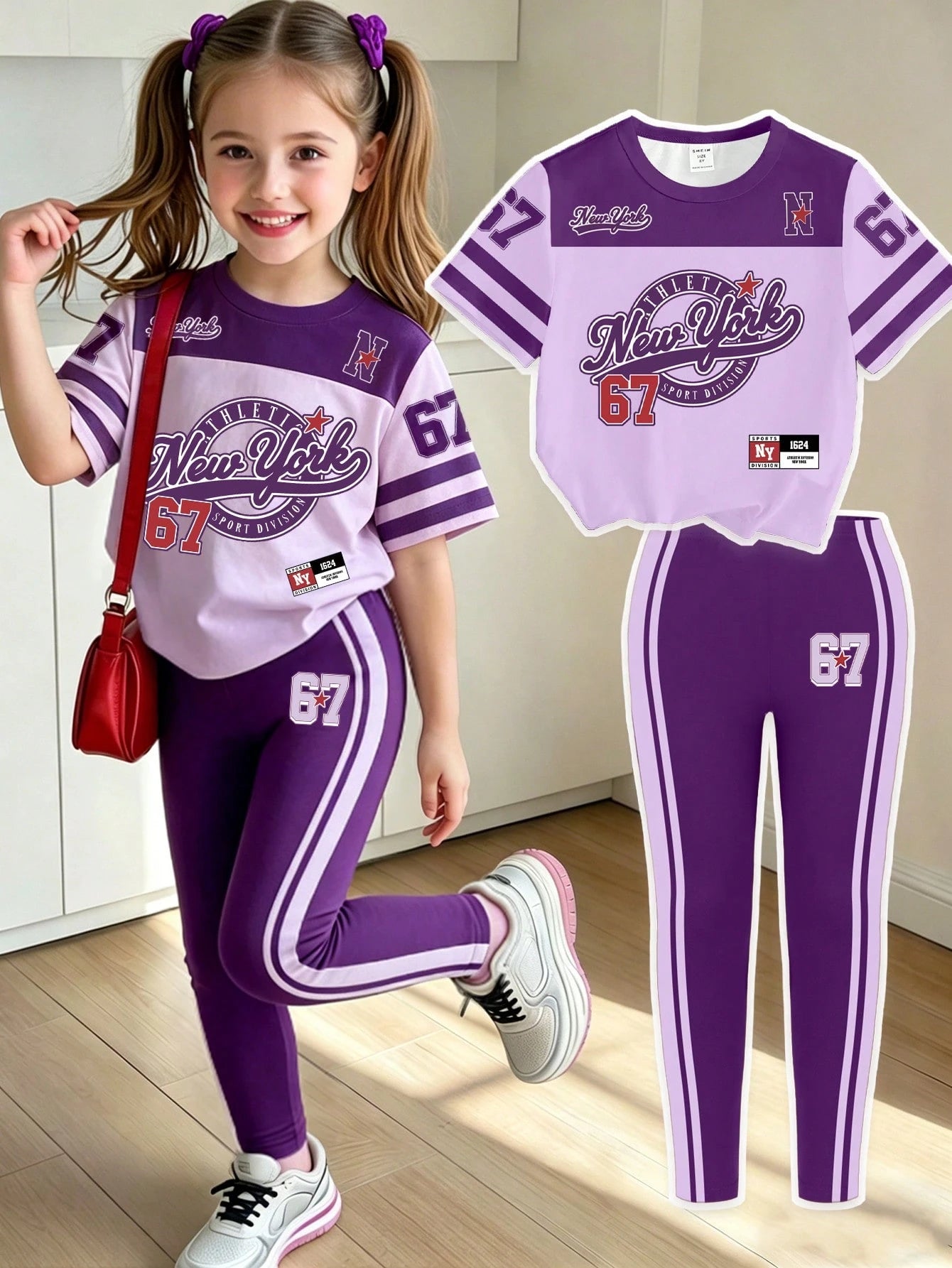 2pcs/Set Girls' Casual Graphic Print Short T-Shirt And Leggings, Purple Back-To-School
