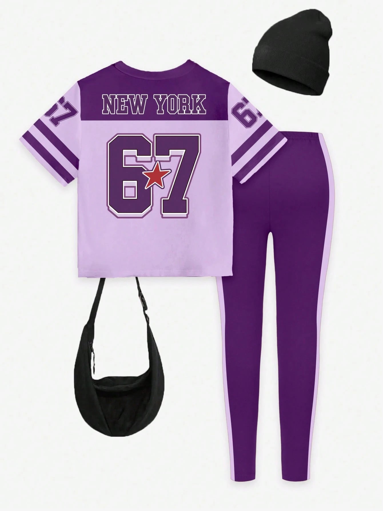 2pcs/Set Girls' Casual Graphic Print Short T-Shirt And Leggings, Purple Back-To-School