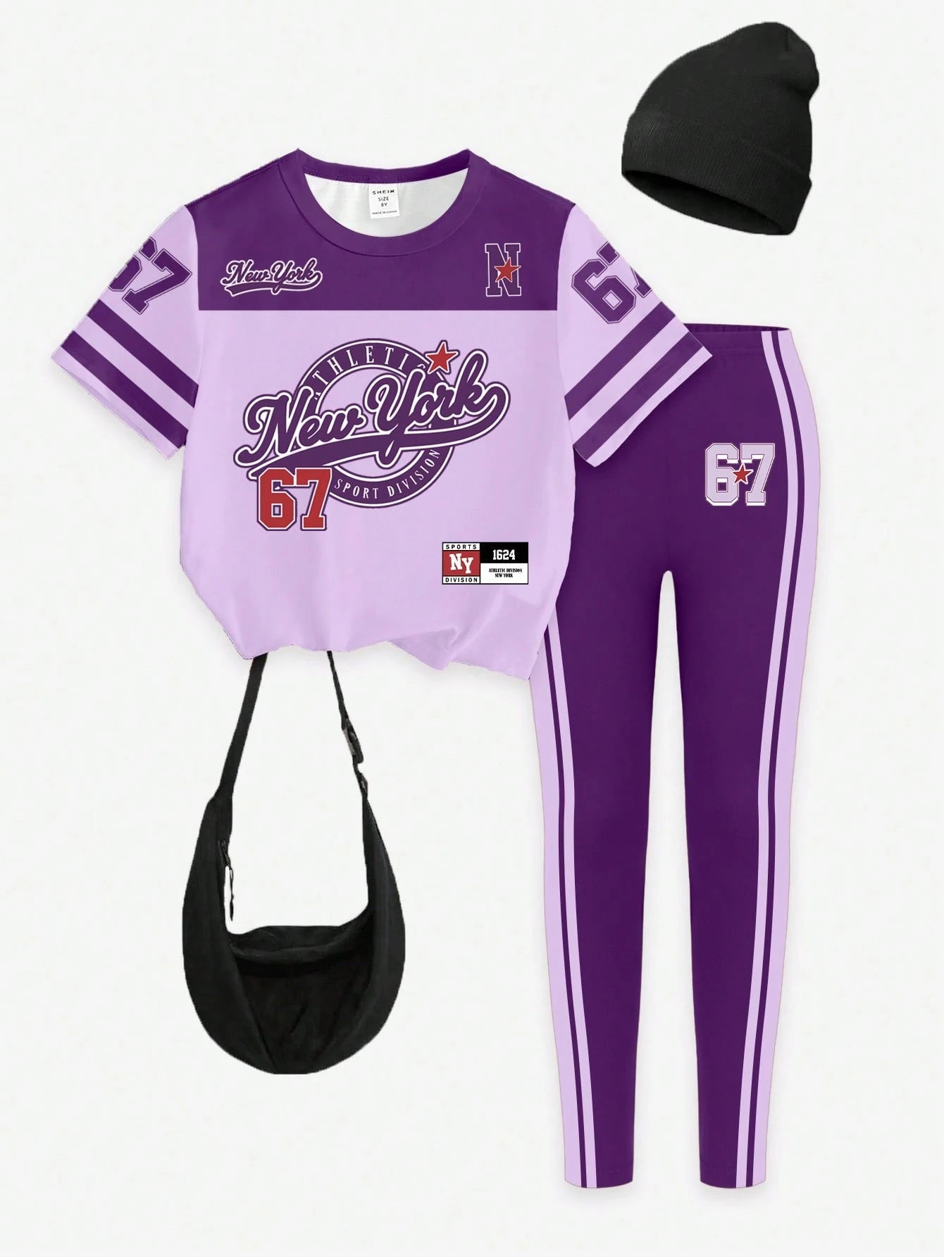 2pcs/Set Girls' Casual Graphic Print Short T-Shirt And Leggings, Purple Back-To-School