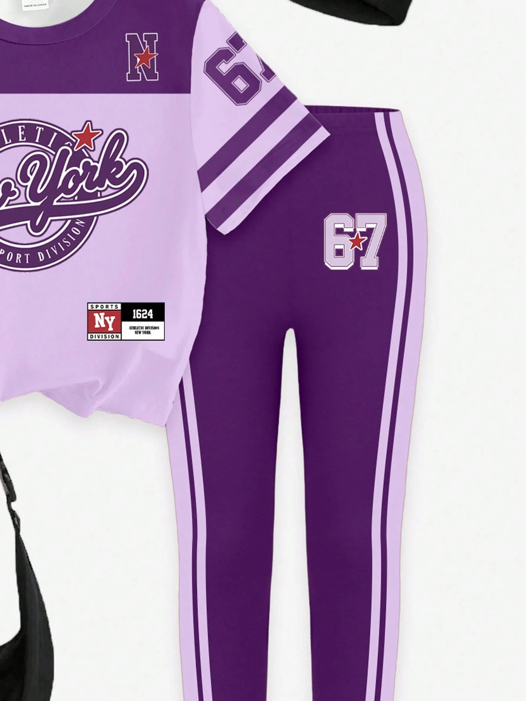 2pcs/Set Girls' Casual Graphic Print Short T-Shirt And Leggings, Purple Back-To-School