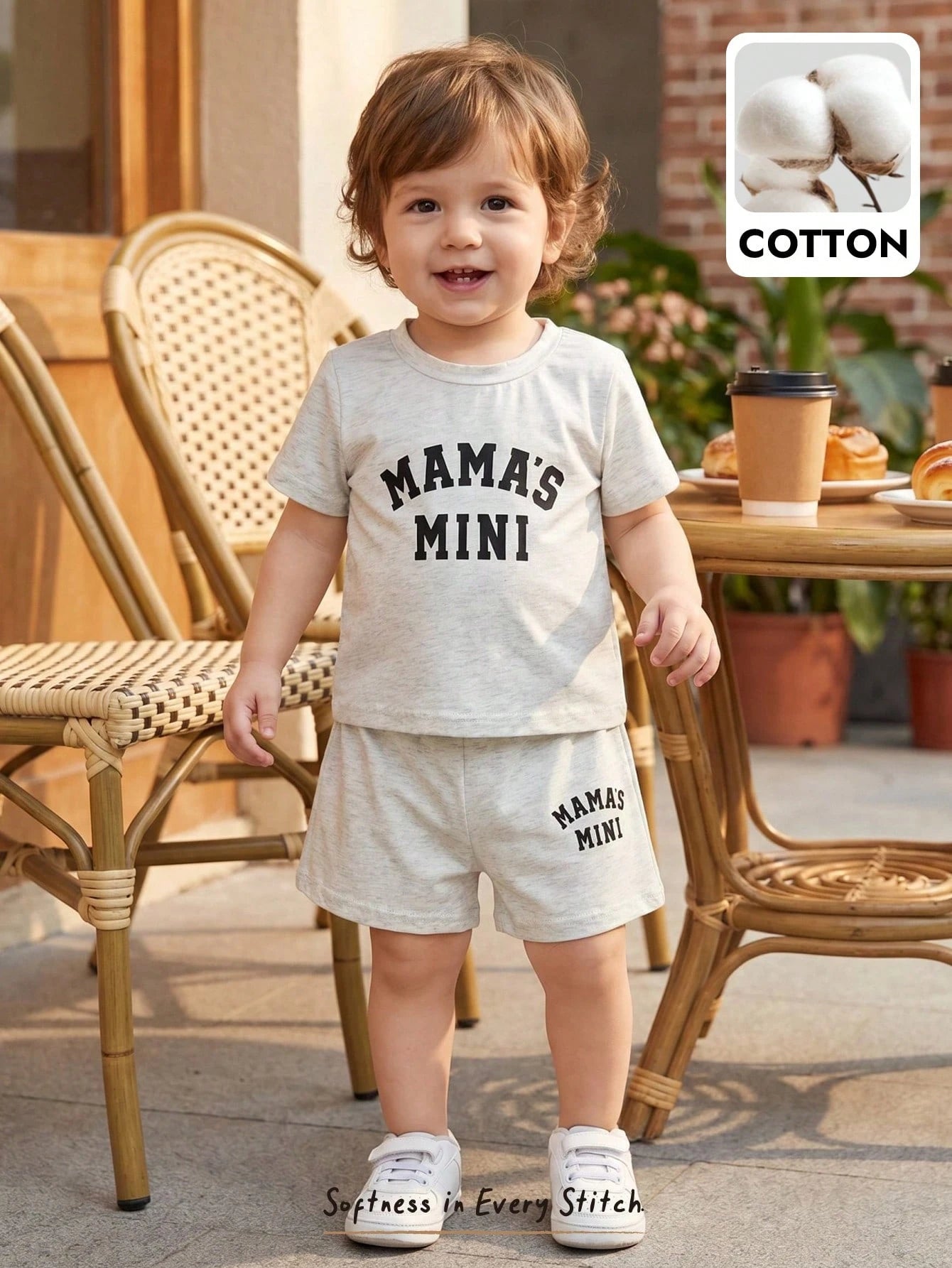 Ensemble 2 pièces unisexe T-shirt et short gris à motif lettres Bambinoo x Cozy Pixies pour bébé