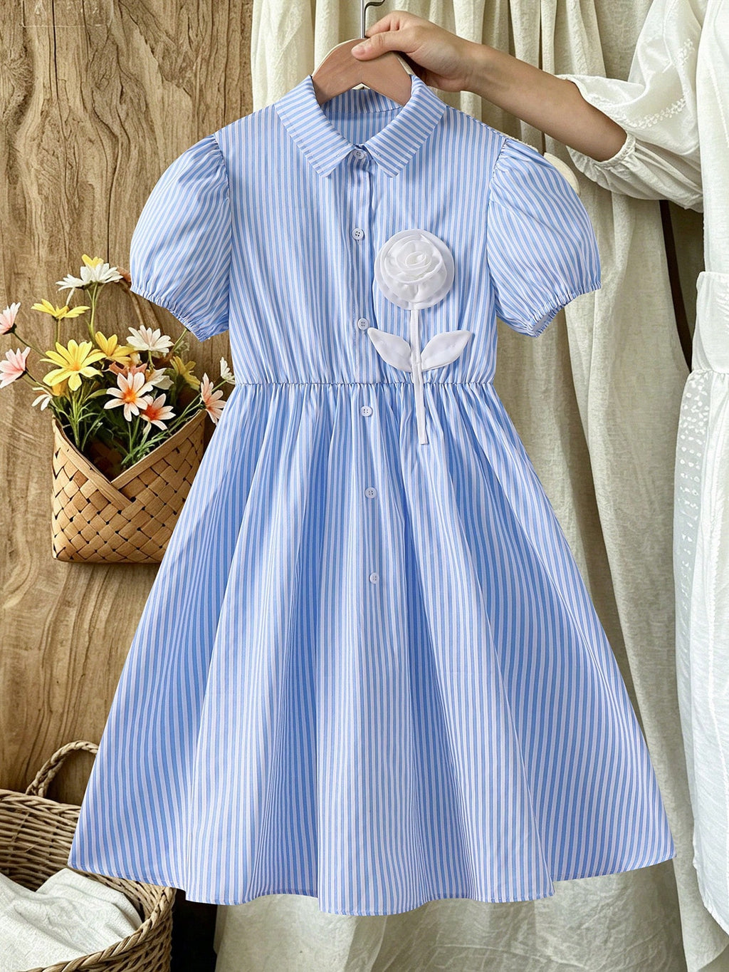 Robe Fille Col Rayé Bleu Blanc Taille Brodée