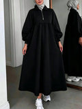 Plain Color Half-Zip Casual Loose Long Sleeve Arabic Robe Black Fall Black