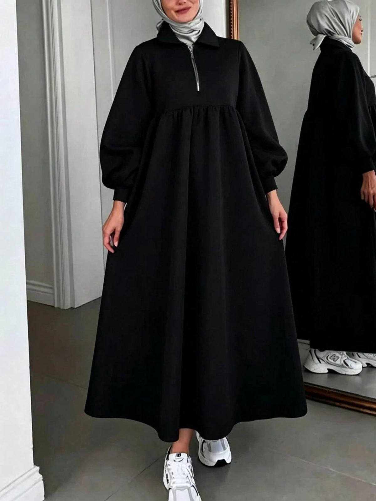 Plain Color Half-Zip Casual Loose Long Sleeve Arabic Robe Black Fall Black