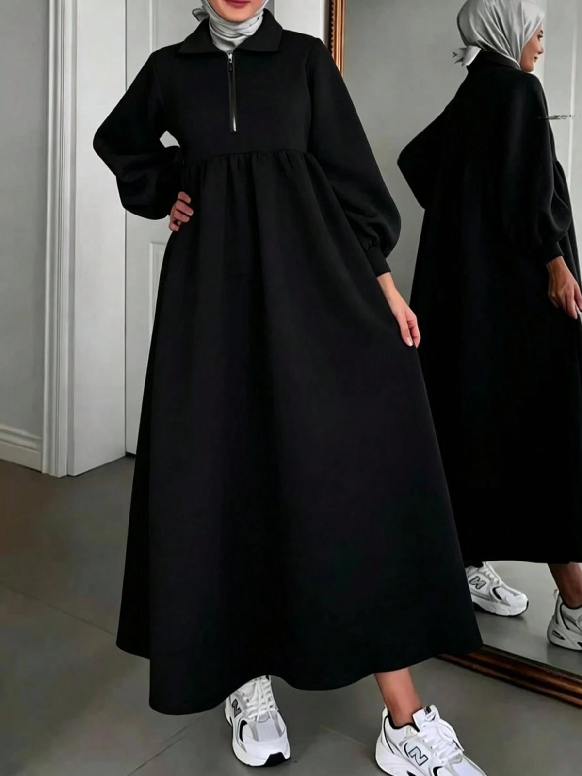 Plain Color Half-Zip Casual Loose Long Sleeve Arabic Robe Black Fall Black