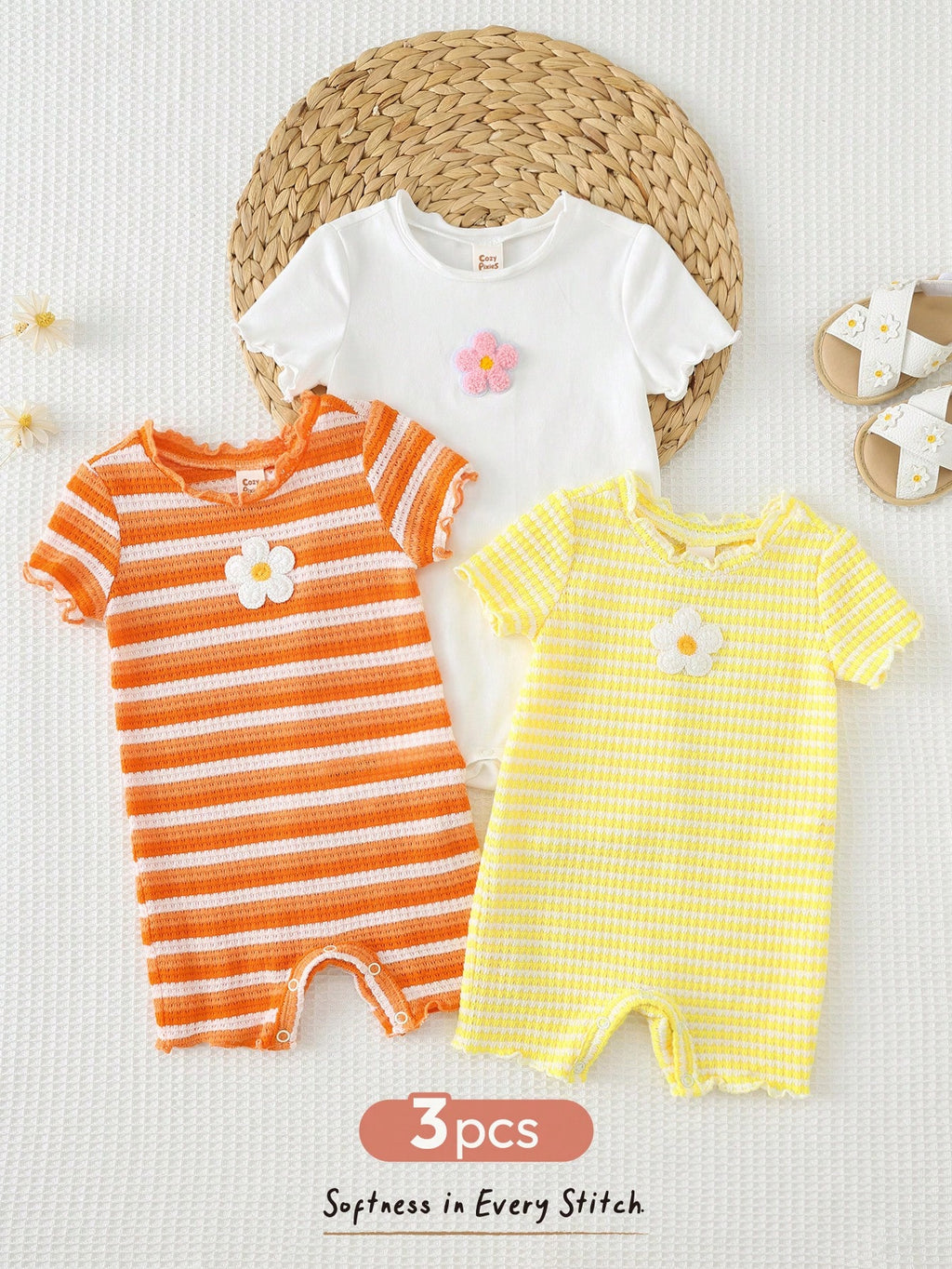 Bambinoo x Cozy Pixies Baby Girl 3-Piece Floral & Striped Romper and Shorts Set