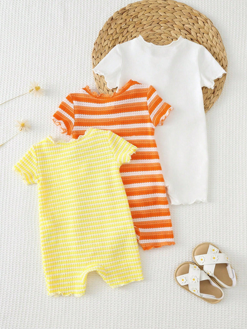 Bambinoo x Cozy Pixies Baby Girl 3-Piece Floral & Striped Romper and Shorts Set