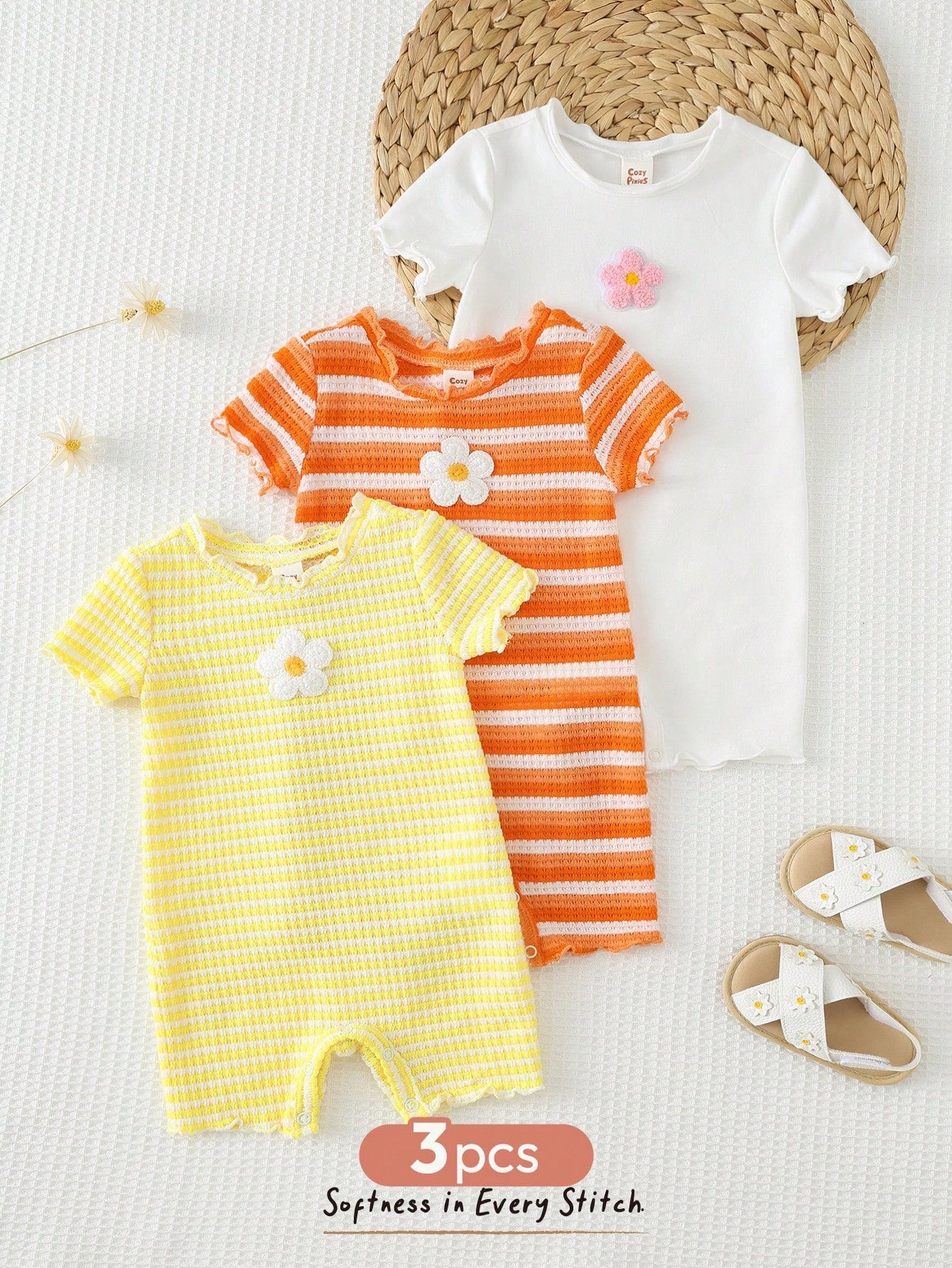 Bambinoo x Cozy Pixies Baby Girl 3-Piece Floral & Striped Romper and Shorts Set