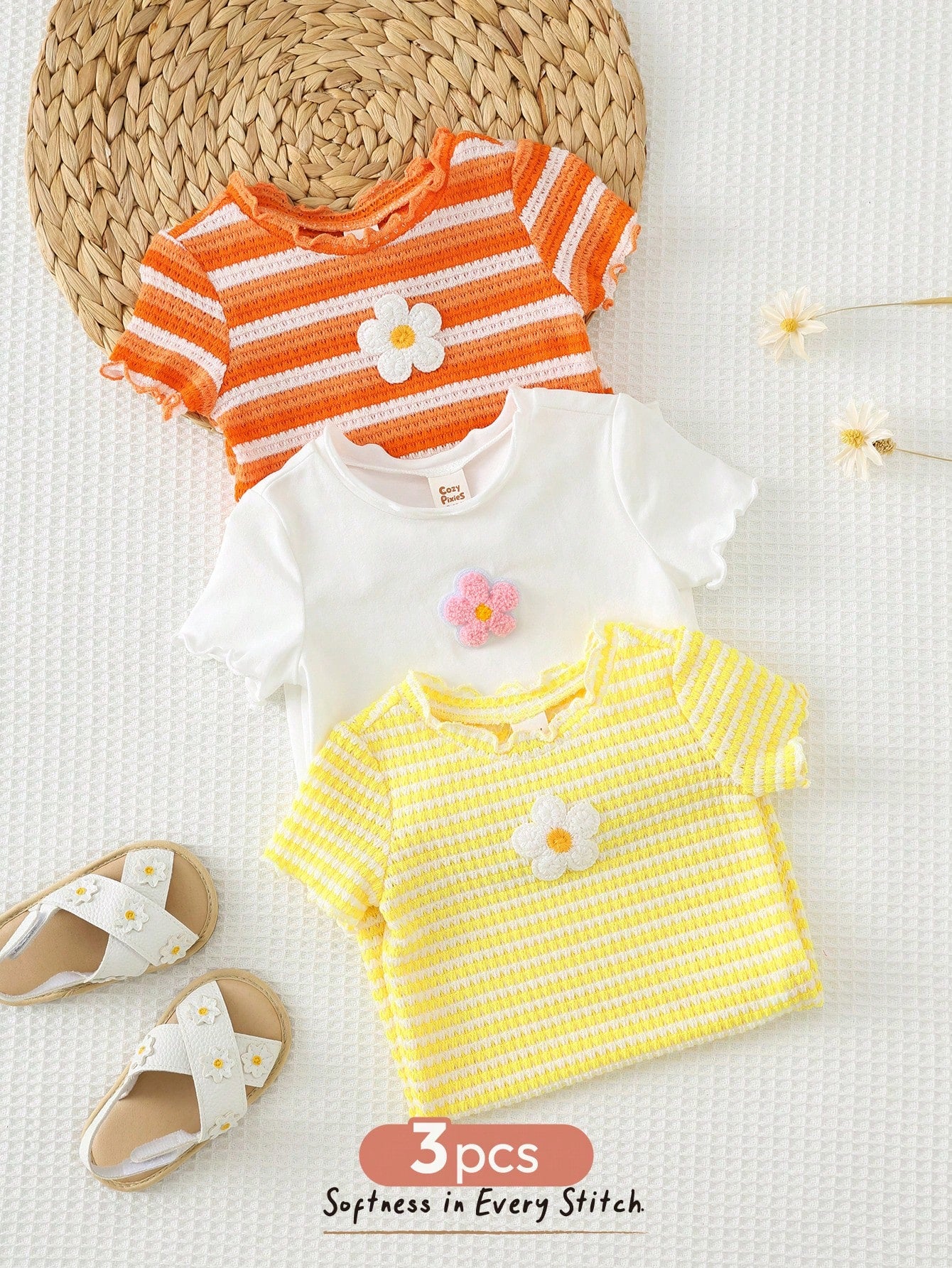 Bambinoo x Cozy Pixies Baby Girl 3-Piece Floral & Striped Romper and Shorts Set