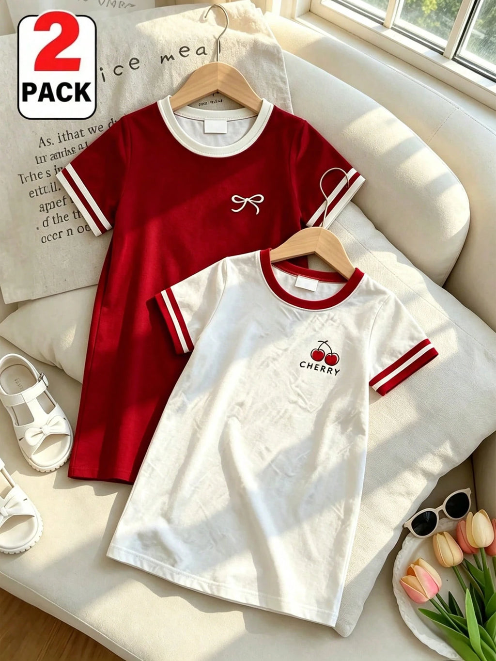 Robe Princesse Fille Contraste Cerise Blanc Nœud