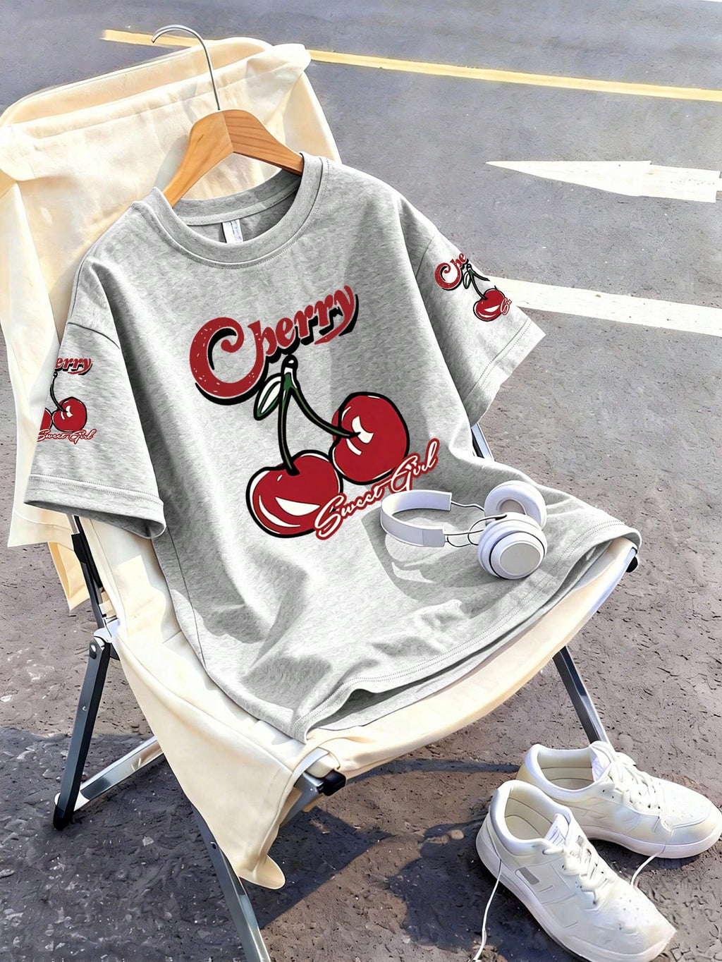 This Casual Girls' Set Includes A Round Neck T-Shirt With Cherry Print And Black Flare Pants. Whether For School, Shopping, Street Style, Or Vacation, It Is An Excellent Choice. Grey