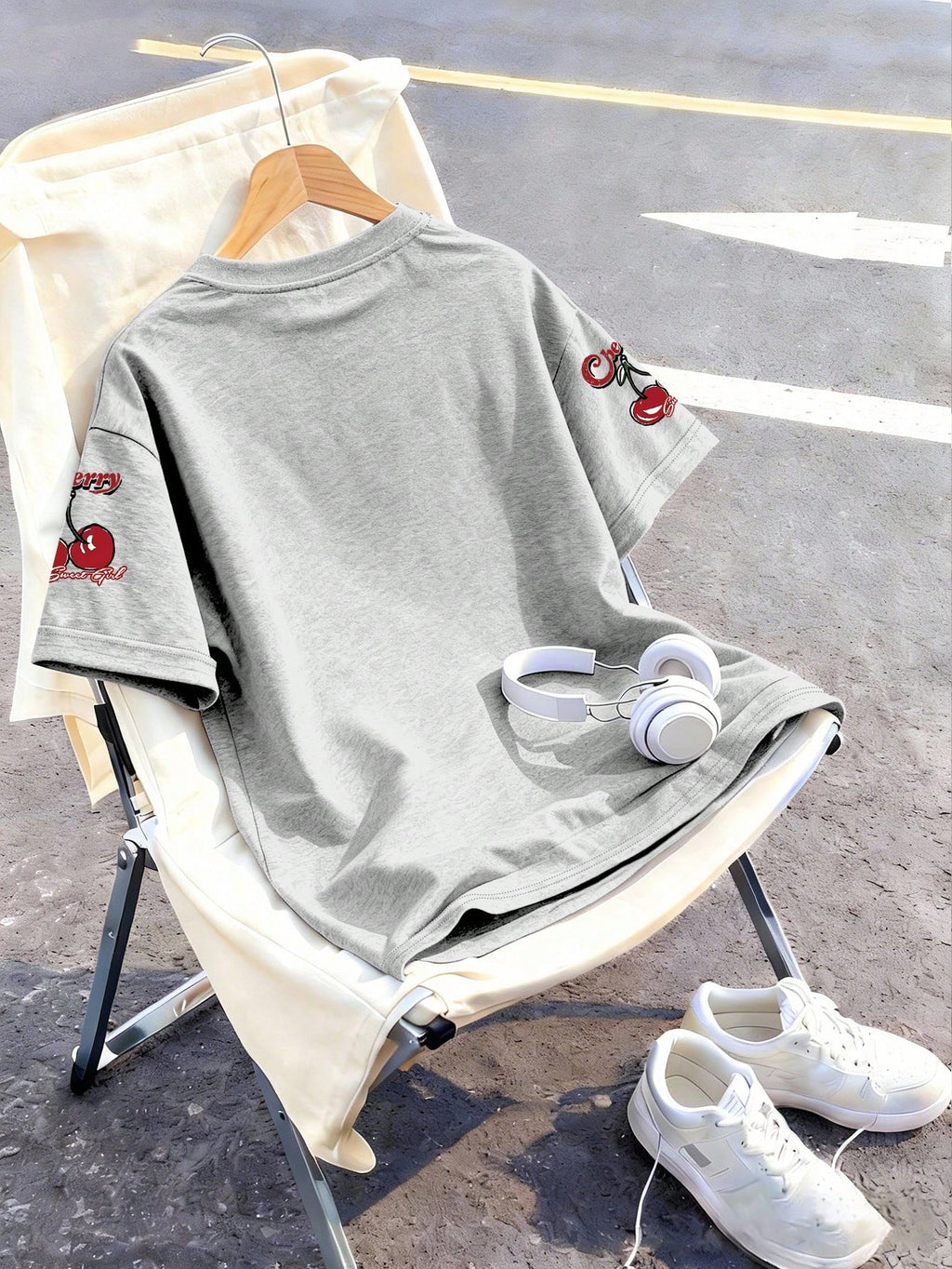 This Casual Girls' Set Includes A Round Neck T-Shirt With Cherry Print And Black Flare Pants. Whether For School, Shopping, Street Style, Or Vacation, It Is An Excellent Choice. Grey