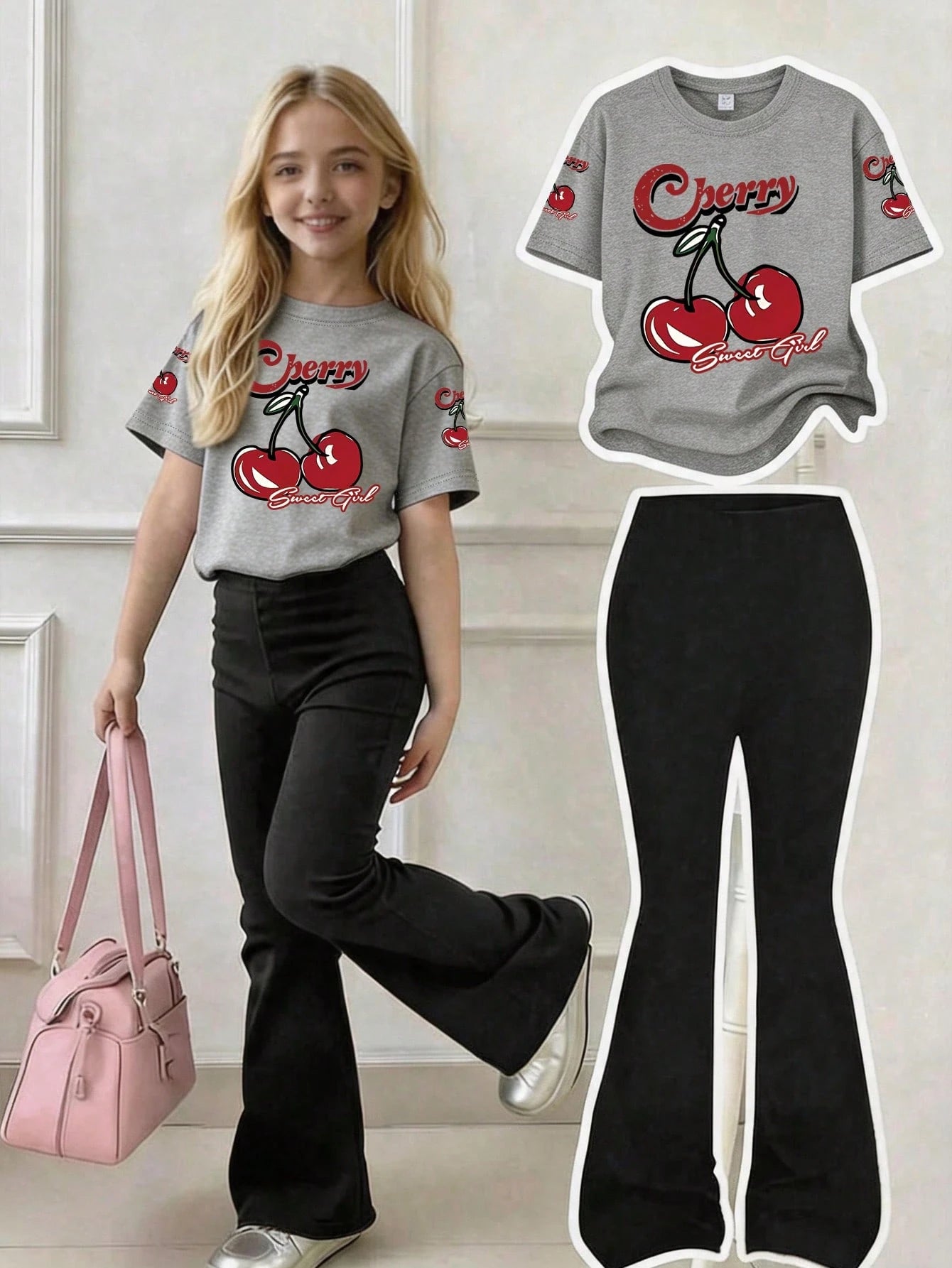 This Casual Girls' Set Includes A Round Neck T-Shirt With Cherry Print And Black Flare Pants. Whether For School, Shopping, Street Style, Or Vacation, It Is An Excellent Choice. Grey