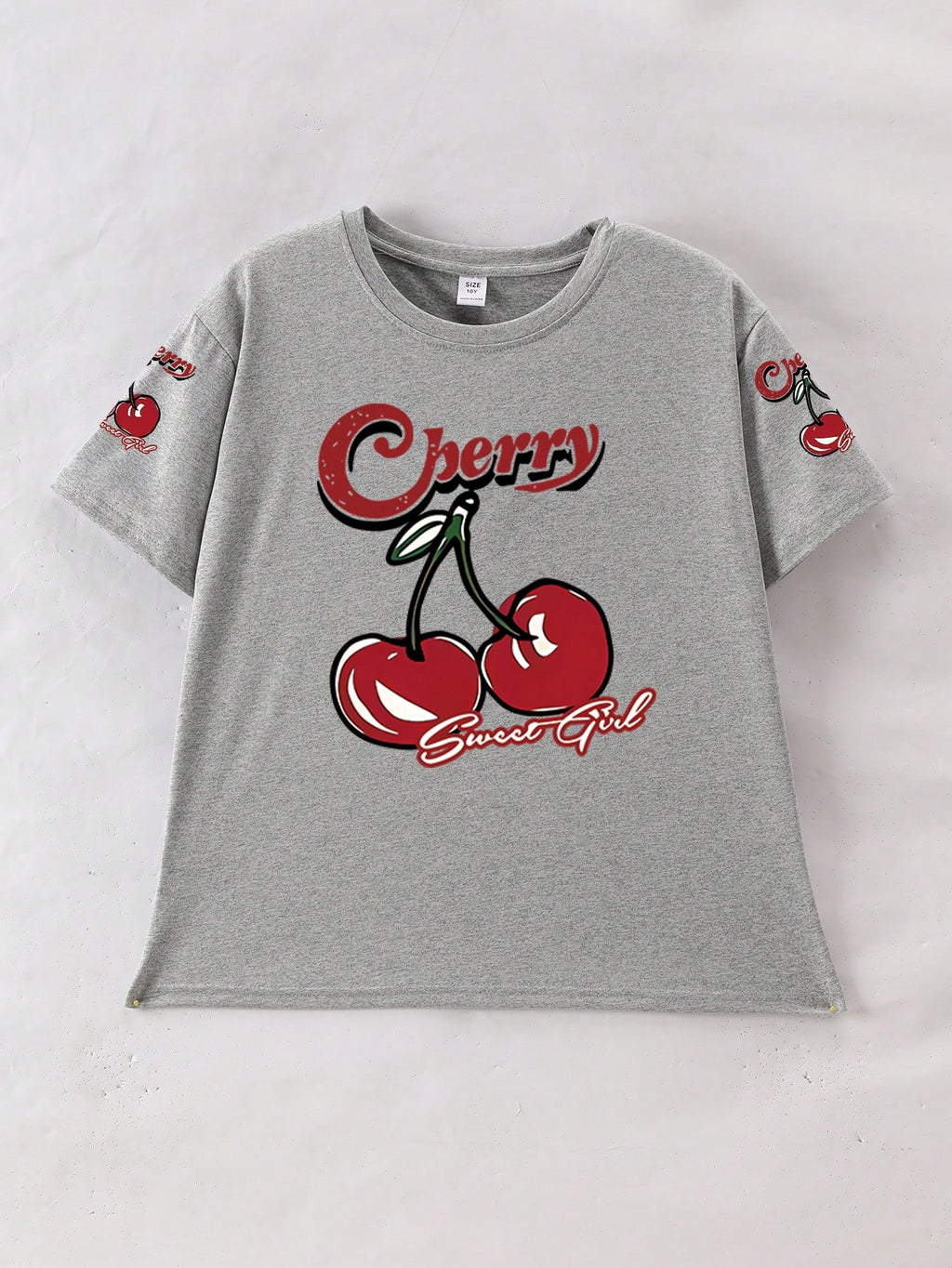 This Casual Girls' Set Includes A Round Neck T-Shirt With Cherry Print And Black Flare Pants. Whether For School, Shopping, Street Style, Or Vacation, It Is An Excellent Choice. Grey