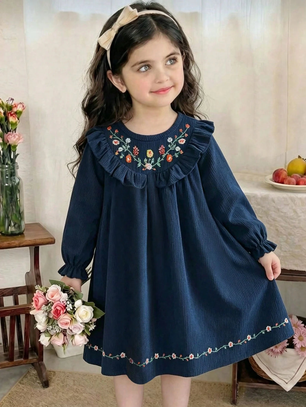 Girls' Embroidered Ruffle Collar Dress