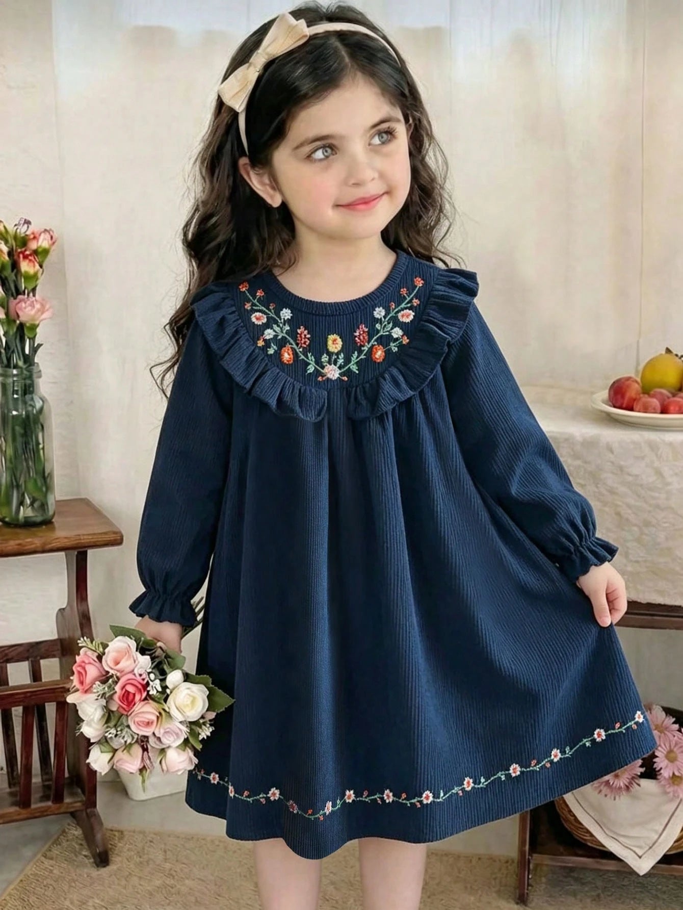 Girls' Embroidered Ruffle Collar Dress