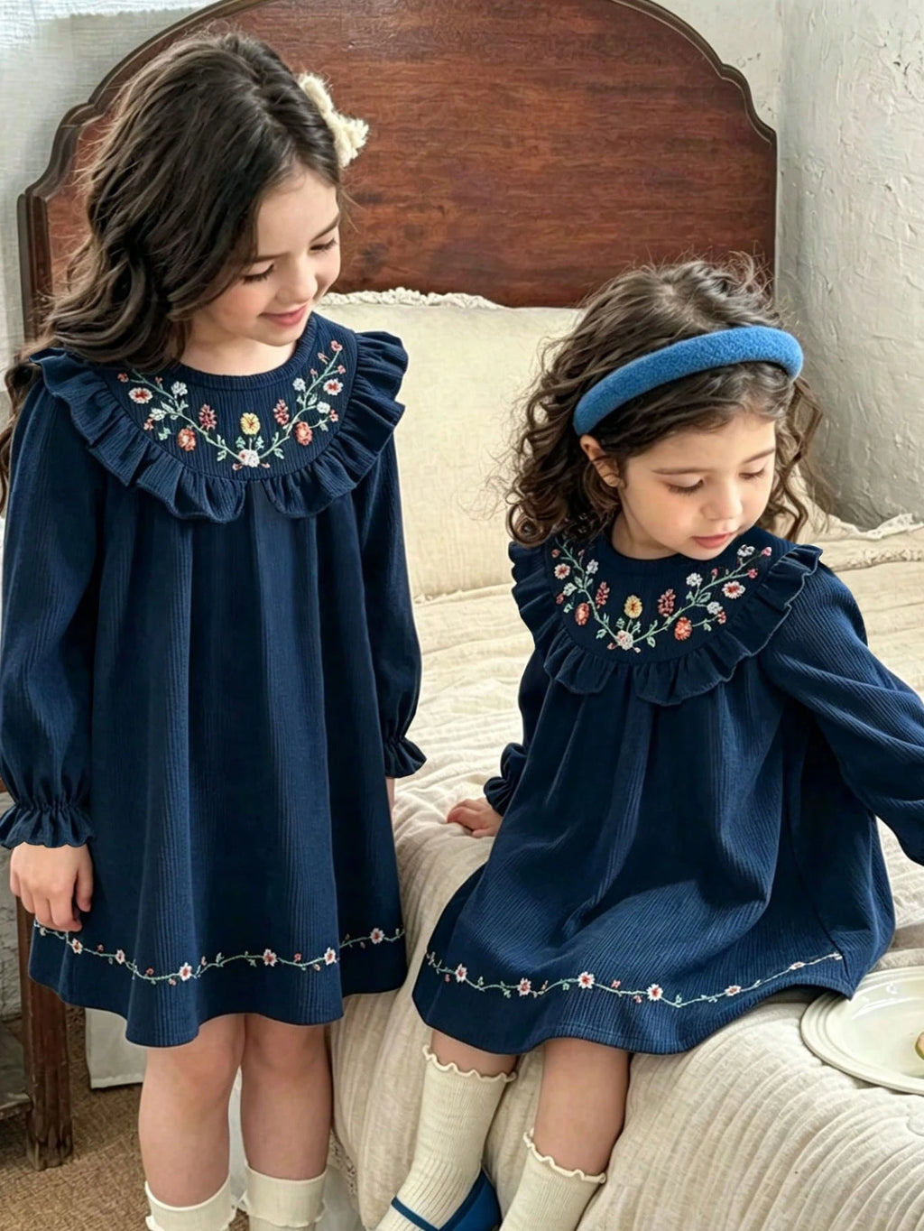 Girls' Embroidered Ruffle Collar Dress