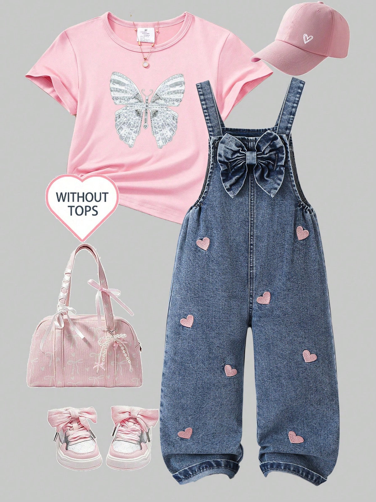 Young Girl Pink Heart Bow Denim Bib Pants