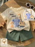 Ensemble deux pièces Bambinoo x Cozy Pixies pour bébé garçon, haut tricoté et short, motif dinosaure de dessin animé
