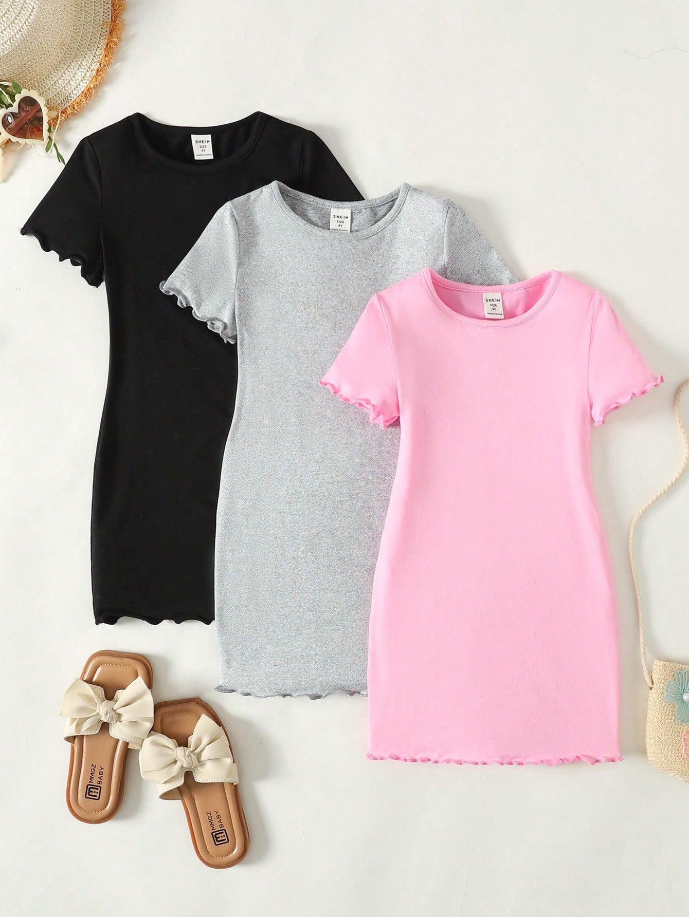 Lot 3 Robes Fille Maille Douce Rose Noir Gris