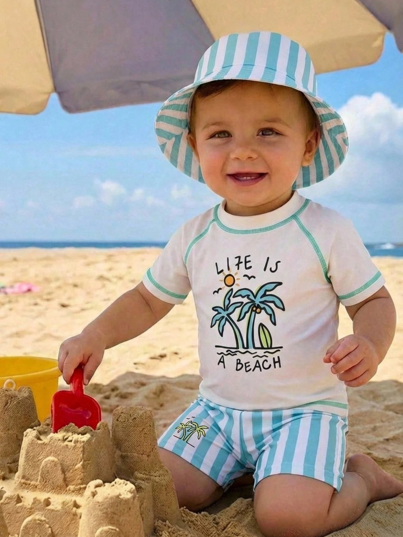 Bubblio Baby Boy Coconut Tree Top & Striped Swim Trunks Set