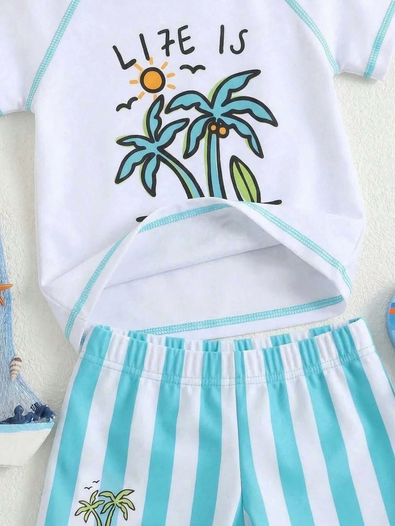 Bubblio Baby Boy Coconut Tree Top & Striped Swim Trunks Set