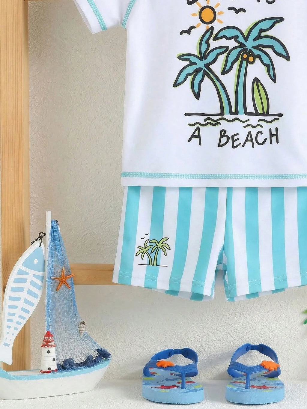 Bubblio Baby Boy Coconut Tree Top & Striped Swim Trunks Set