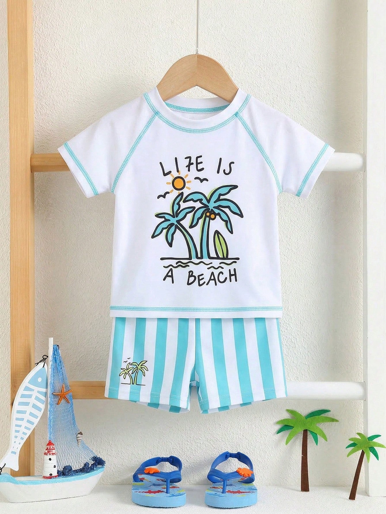 Bubblio Baby Boy Coconut Tree Top & Striped Swim Trunks Set
